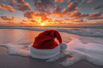 Photo of Santa Claus's hat on a tropical beach at sunset. Santa went on holiday in the heat after finishing his duties