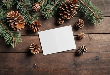 Obraz premium A mock up of a Christmas card with a rustic background of fir branches and pine cones