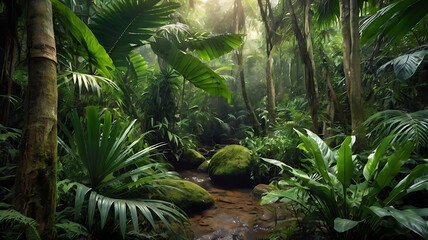 Naklejka premium Tropical Rainforest Landscape background. Tropical jungle palms, trees and plants 