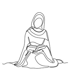 Muslimah pray line art illustration. Continuous line drawing of muslim women pray and raise hand in hijab.