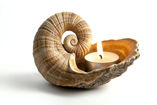 A decorative seashell candle holder featuring a spiraled shell and a tealight candle, creating an elegant coastal ambiance.