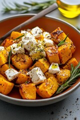Delicious roasted pumpkin cubes sit elegantly in a rustic bowl, drizzled with olive oil, sprinkled with herbs, and topped with creamy cheese. This seasonal dish is perfect for autumn gatherings