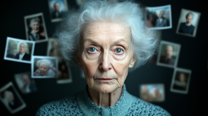 Portrait of an elderly woman surrounded by photos. Memory concept.