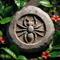A tribal ant symbol carved into stone, surrounded by lush jungle foliage.
