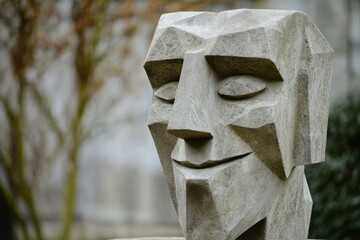 Designs the expression of the smiling man of the thinking man sculpture in terms of cubism