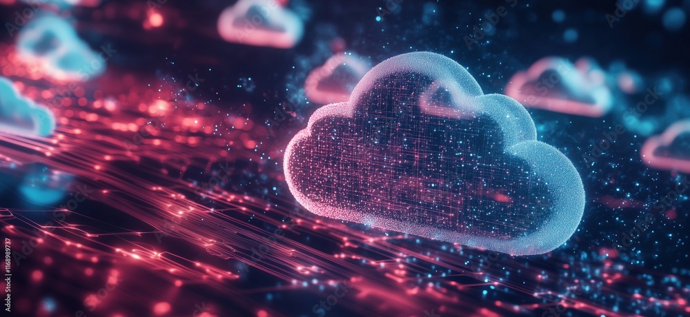Poster digital cloud computing technology with glowing data connections and abstract cloud formations, repr