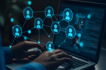 Fototapeta premium laptop connected devices business interface with various icons modern userfriendly interactive concept. 