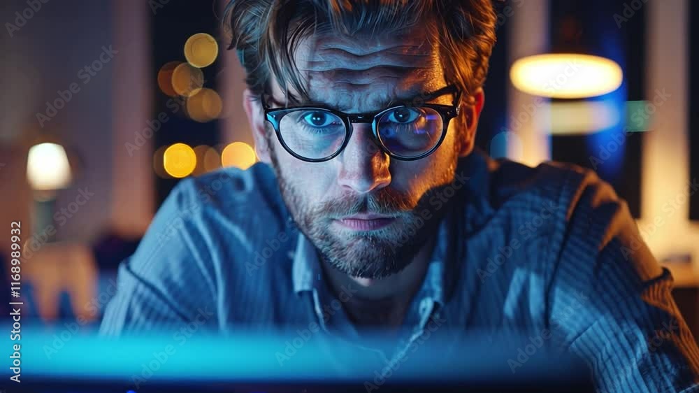 Poster focused young man wearing glasses sits at a desk, staring at his computer screen in a softly lit roo