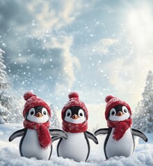 Fototapeta premium Adorable penguins wearing red knitted hats and scarves in snowy winter landscape, surrounded by snowflakes and evergreen trees, copy space for text