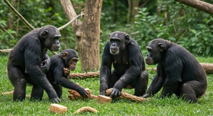 Chimpanzee Family Playing With Wood In Green Grass