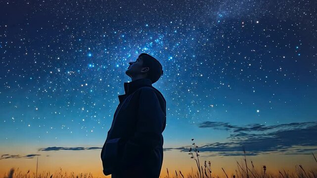 A young boy stands in a field of tall grass at night, looking up at the stars