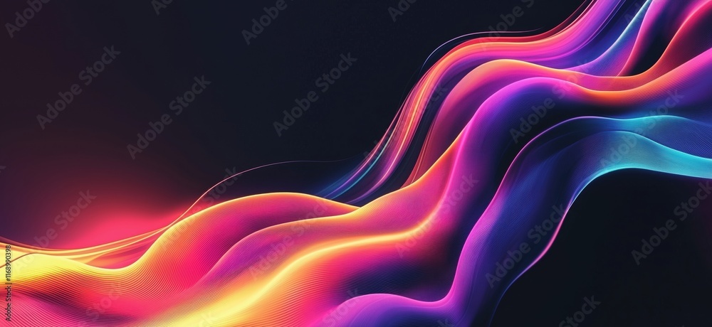 Poster vibrant abstract waves in neon colors creating dynamic flow and energy, showcasing smooth gradients 