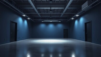 Fototapeta premium Cinematic Wide Shot of a Sleek, Modern Interior with Dramatic Spotlight Shadows