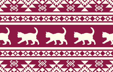 Cat pattern. Seamless. White stripes, colorful background. Ethnicity. Floral patterns, printed fabrics, pants, Lanna.	
