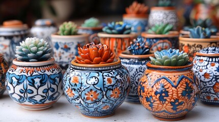 Colorful hand-painted ceramic pots with succulents.