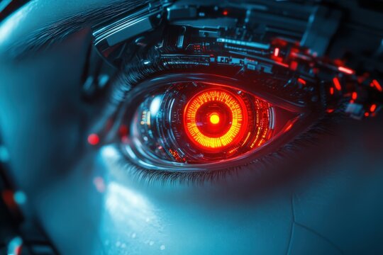 Futuristic cybernetic eye with glowing red iris and digital circuitry