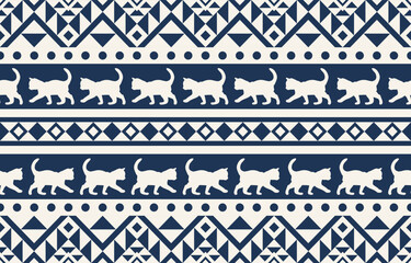 Cat pattern. Seamless. White stripes, colorful background. Ethnicity. Floral patterns, printed fabrics, pants, Lanna.	
