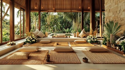 Fototapeta premium Balinese interior style concept. Tranquil indoor space with cushions and lush greenery.