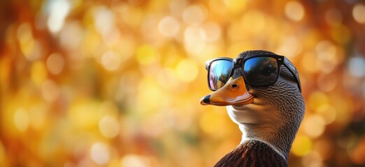 Obraz premium Cool duck wearing sunglasses against vibrant autumn background with bokeh effect, showcasing playful wildlife photography, copy space for text