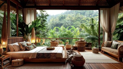 Fototapeta premium Balinese interior style concept. Luxurious bedroom with nature view, featuring tropical decor and greenery.