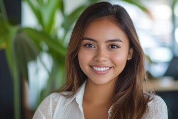 Fototapeta premium closeup portrait of a joyful young hispanic businesswoman exuding confidence and professionalism captured in a modern office environment