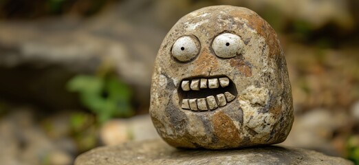 Funny rock with cartoonish face, large eyes, and toothy grin, set against blurred natural background, copy space for text