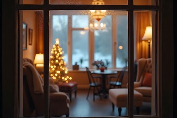 A view through a frosted window of a cozy room with holiday decorations.