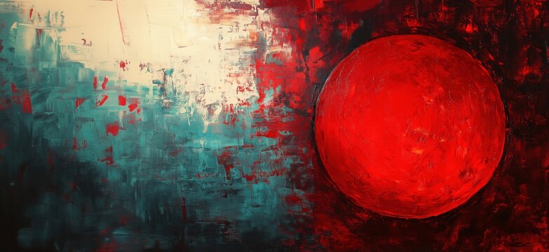 Abstract red circle on textured blue and red background, vibrant colors, modern art, bold brush strokes, contemporary painting, copy space for text