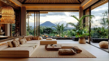 Obraz premium Balinese interior style concept. Stylish living room with mountain view and tropical decor.