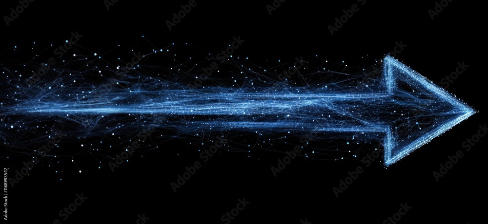 Poster digital arrow symbolizing progress and direction with abstract blue lines and particles, copy space 