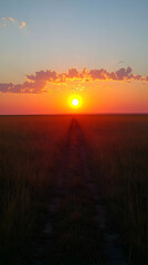 Fototapeta premium Sunset over a field, path leading to the sun.
