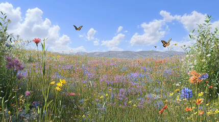 sunny meadow filled with colorful wildflowers and butterflies