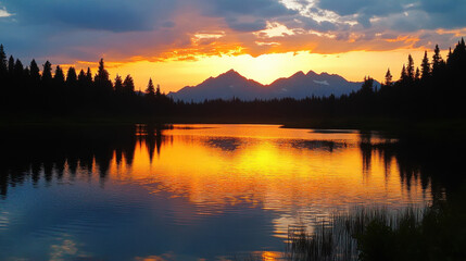 Fototapeta premium stunning sunset over calm lake with mountain silhouettes