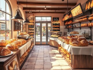 Freshly baked breads displayed in a cozy bakery charming interior inviting atmosphere culinary wonder