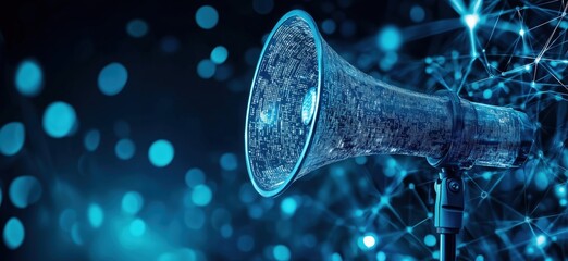 Digital megaphone emitting sound waves, surrounded by glowing blue particles and abstract network connections, symbolizing communication technology and innovation, copy space for text