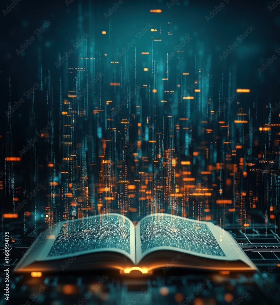 Poster digital transformation of knowledge illustrated by open book surrounded by glowing data streams and 