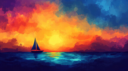 Fototapeta premium Colorful sunset sky with silhouette of sailboat on water