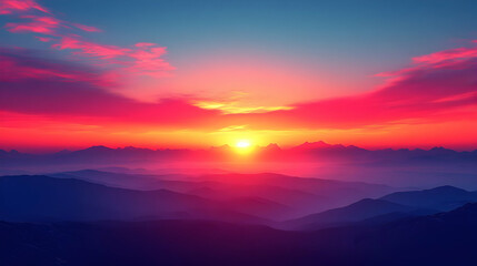Obraz premium Vibrant sunset over layered mountain ranges.