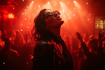 A karaoke competition, with a confident performer singing under a spotlight, and an audience clapping in the background