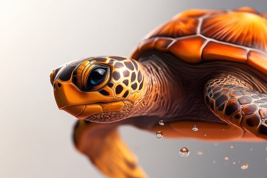 Vibrant sea turtle close-up with detailed shell and water droplets