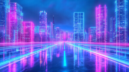 Fototapeta premium Neon city skyline with glowing lines reflecting on wet street..