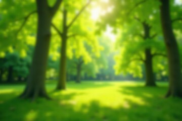 Blurred sunny garden trees, hazy green bokeh, dappled light , idyllic, defocused, nature