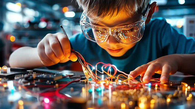 Young boy experimenting with electronics in a well-lit workshop setting