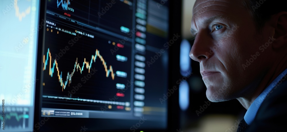 Poster stock market analysis with focused trader observing financial charts and data on multiple screens, c