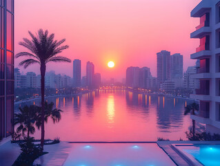 Obraz premium Sunrise over calm waterfront city with pool.