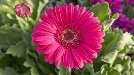 Fototapeta premium of a bright pink gerbera daisy, highlighting the vibrant color and intricate petal structure. | Gerbera 