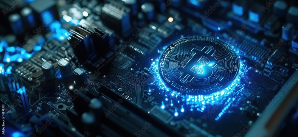 Fototapete bitcoin cryptocurrency symbol illuminated on computer motherboard, showcasing digital technology and