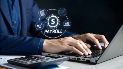 Businessman managing payroll on a laptop with calculator.