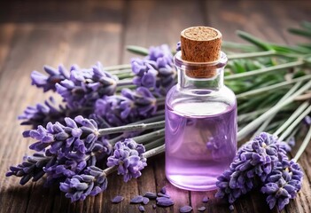 A glass bottle of lavender essential oil with fresh lavender flowers next to it