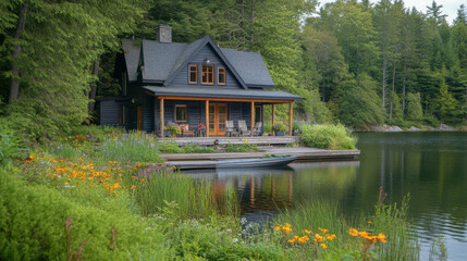 Fototapeta premium peaceful lakeside cabin surrounded by lush greenery and flowers